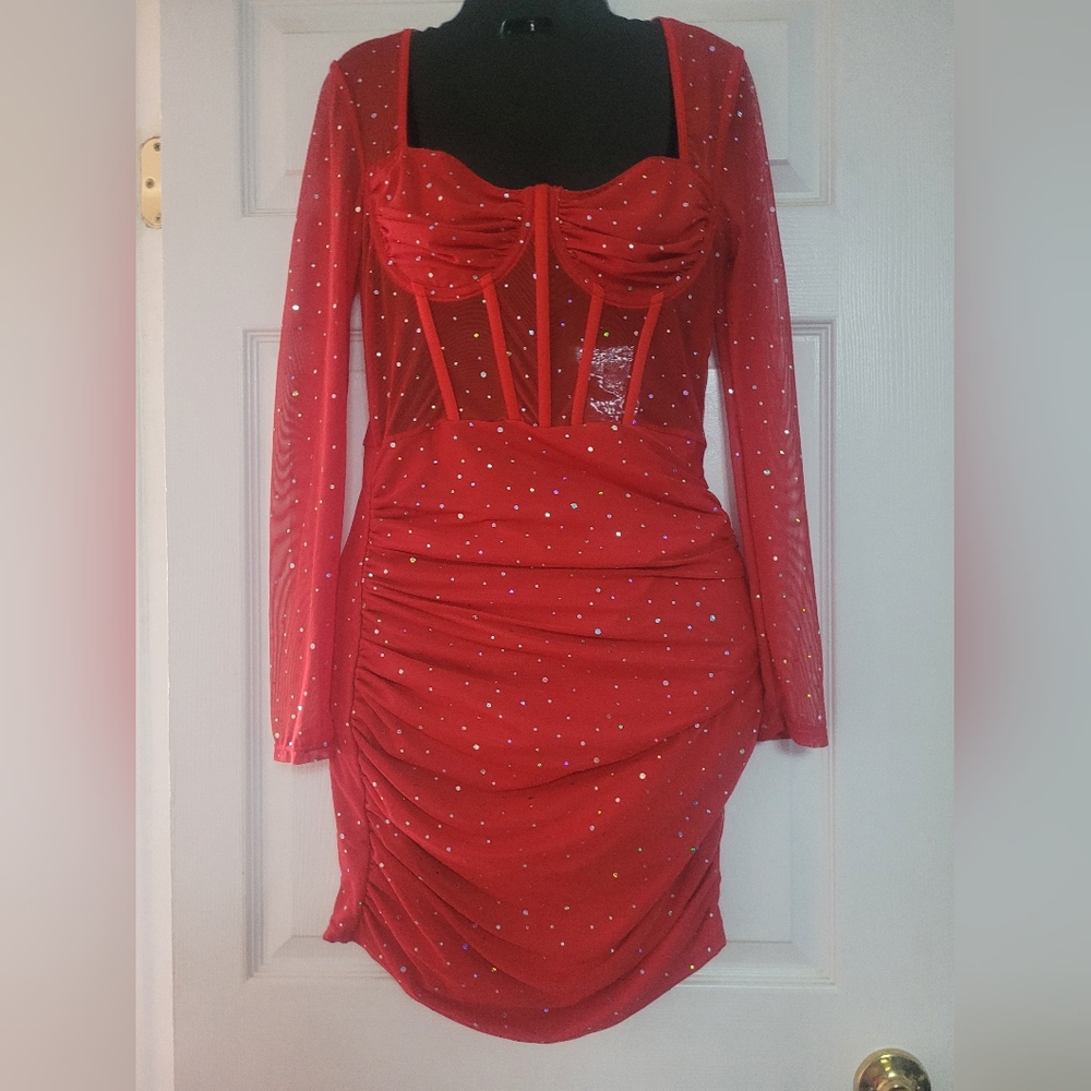 SHEIN Red Long Sleeve Dress with Sparkle